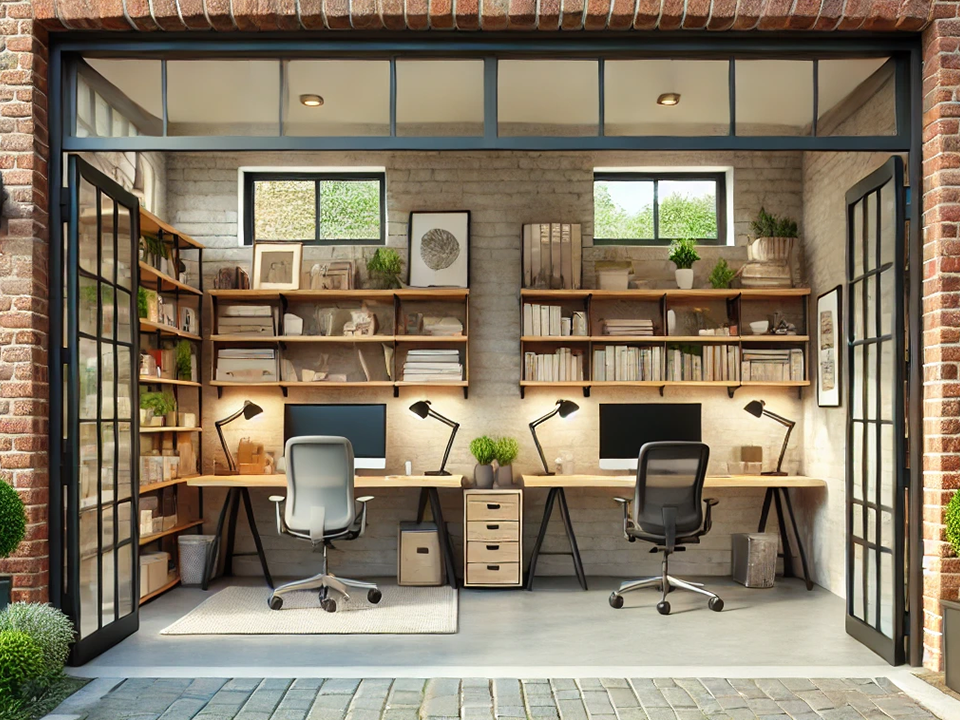 Blocked paving, two french doors, opened, two desk, two office chairs adjacent to each other with two pc screens, book shelfs above, and two windows at the towards teh top of the ceiling